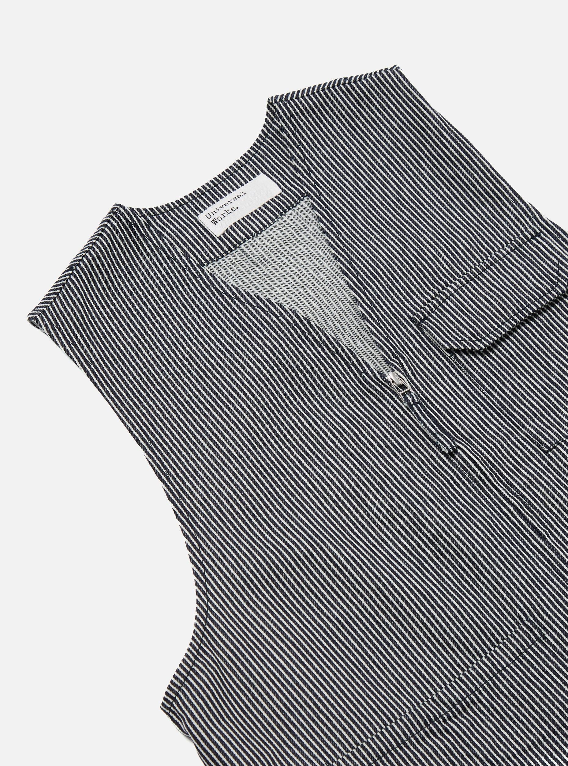 Universal Works Marine Gilet in Indigo Hickory Stripe Denim Product Image