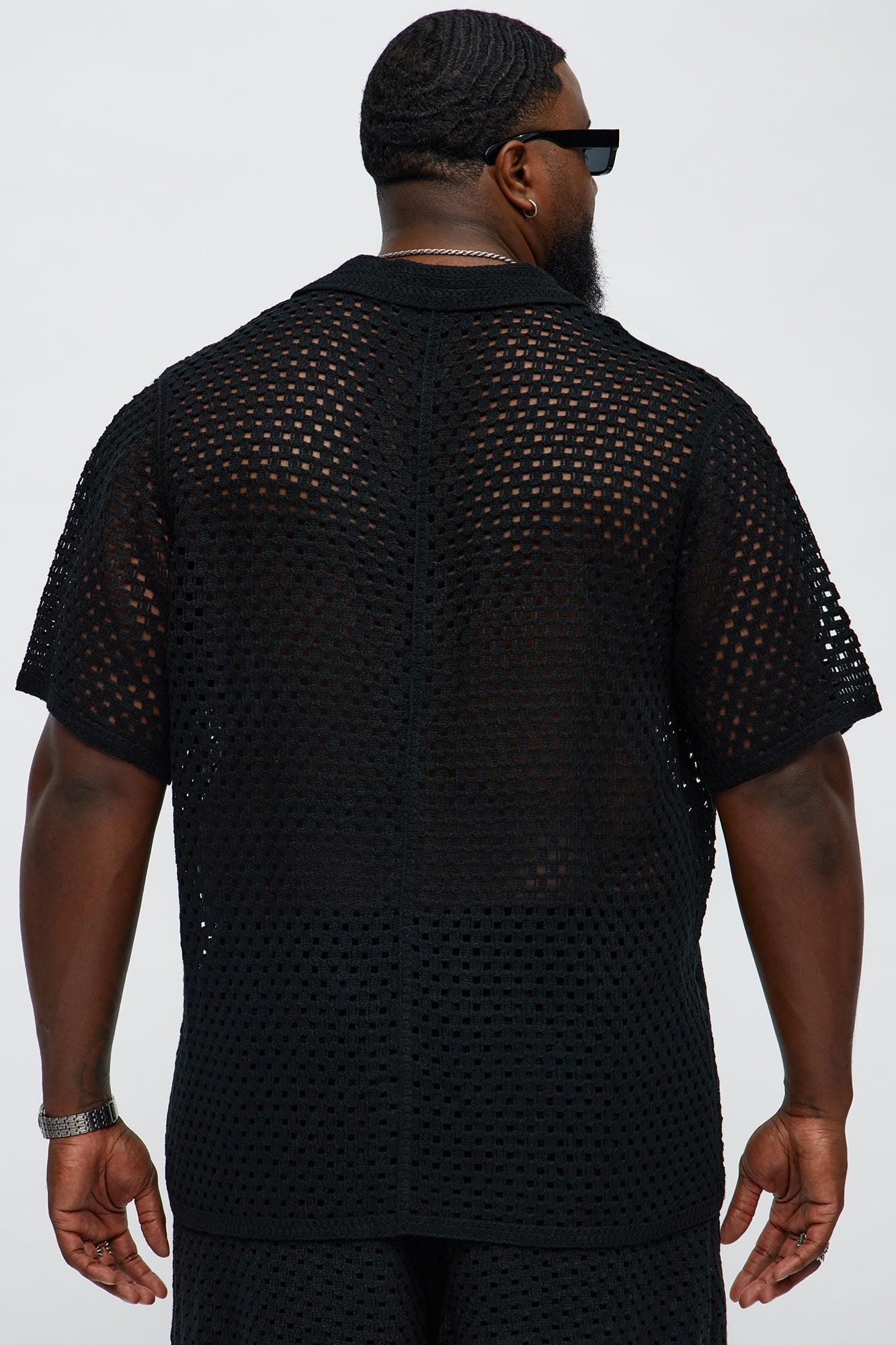 Crochet Panel Cuban Collar Button Up Shirt - Black/combo Male Product Image