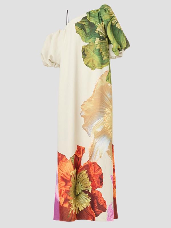 A-Line Loose Elasticity Flower Print One-Shoulder Maxi Dresses Product Image