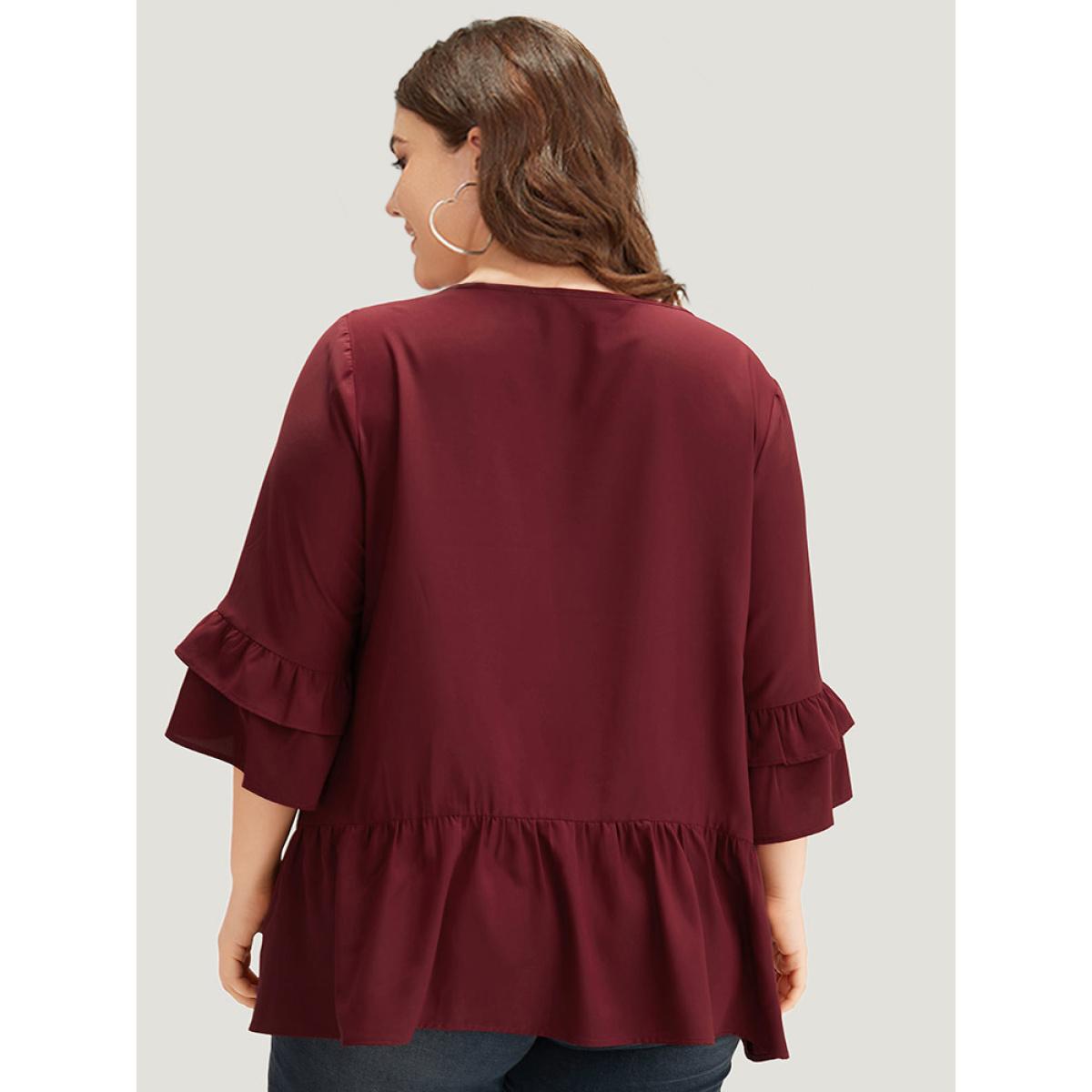 Plus Size Cyan Anti-Wrinkle Plain Ruffle Layered Sleeve Crew Neck Blouse Women Office Half Sleeve Round Neck Work Blouses BloomChic 14-16/1X Product Image