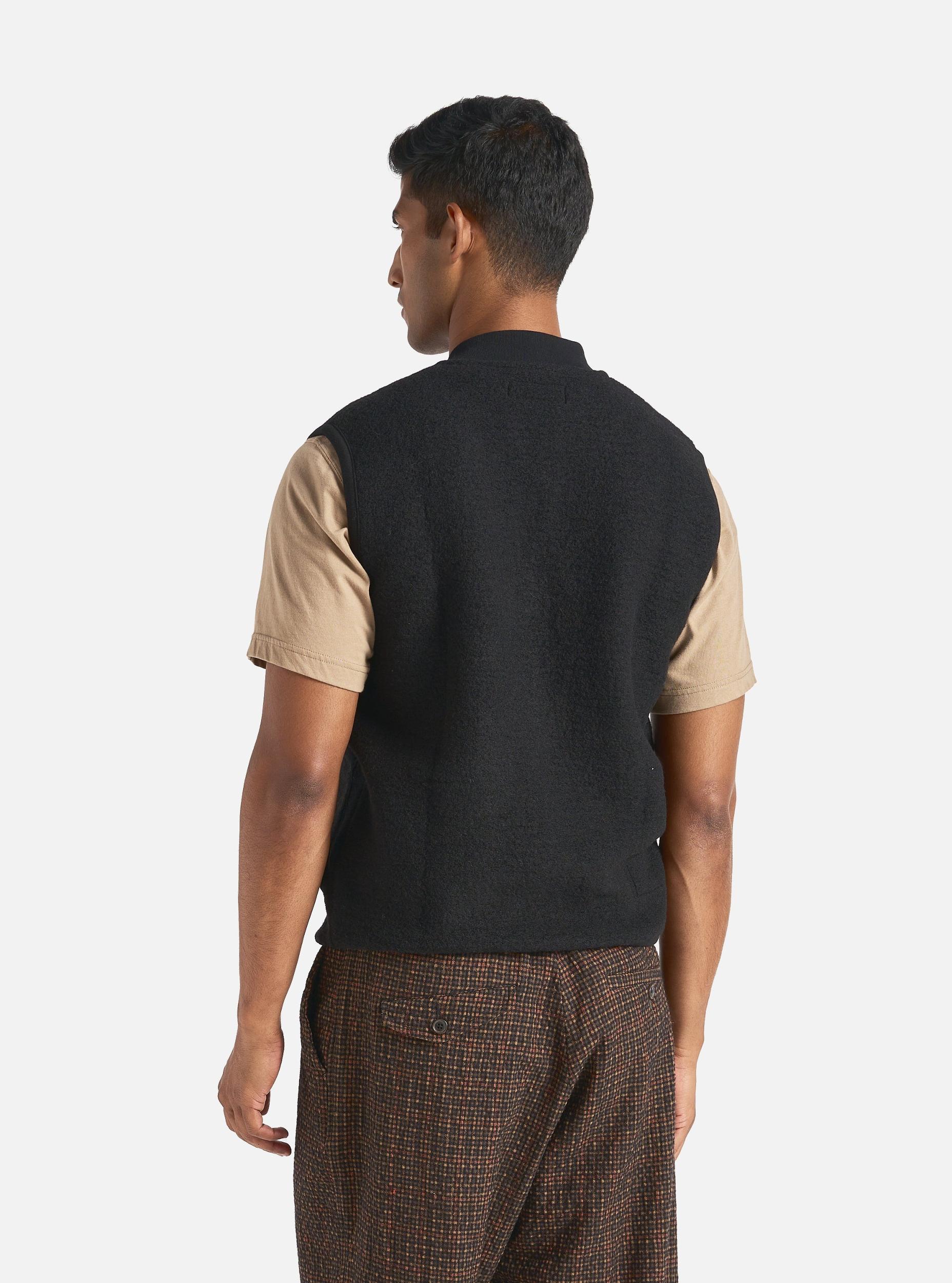 Universal Works Zip Waistcoat in Black Wool Fleece Product Image