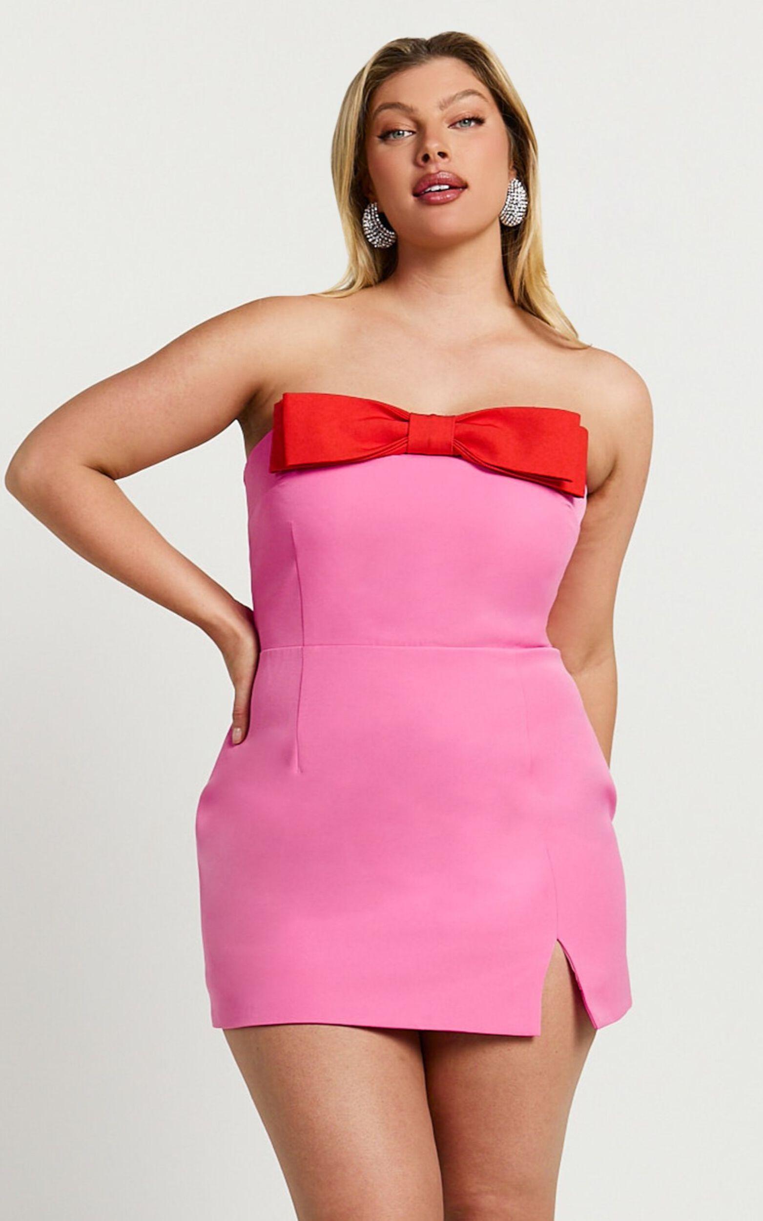 Adora Mini Dress - Strapless Bow Detail Split Dress in Frost Pink Product Image