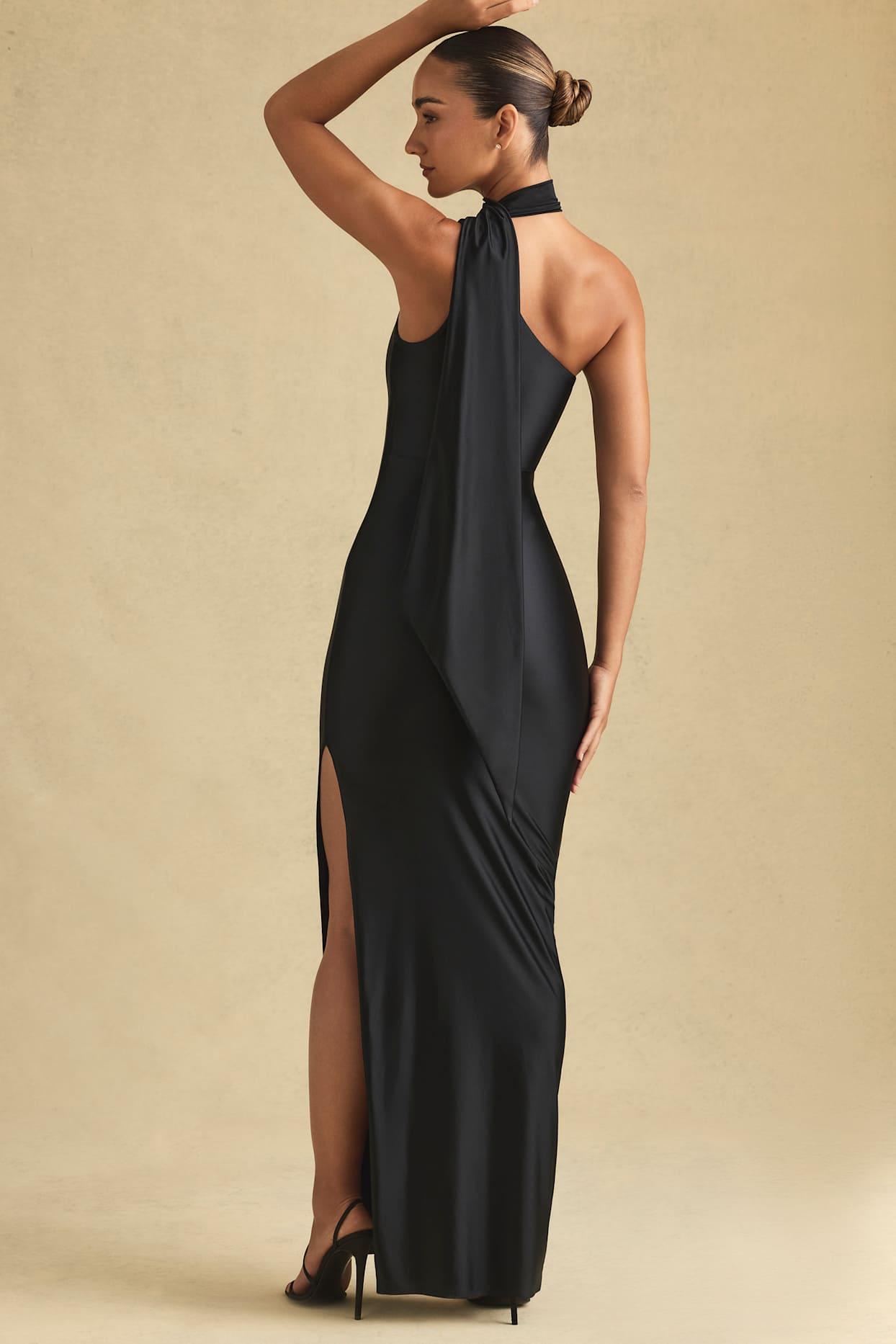 Asymmetric Scarf-Detail Maxi Dress in Black Product Image