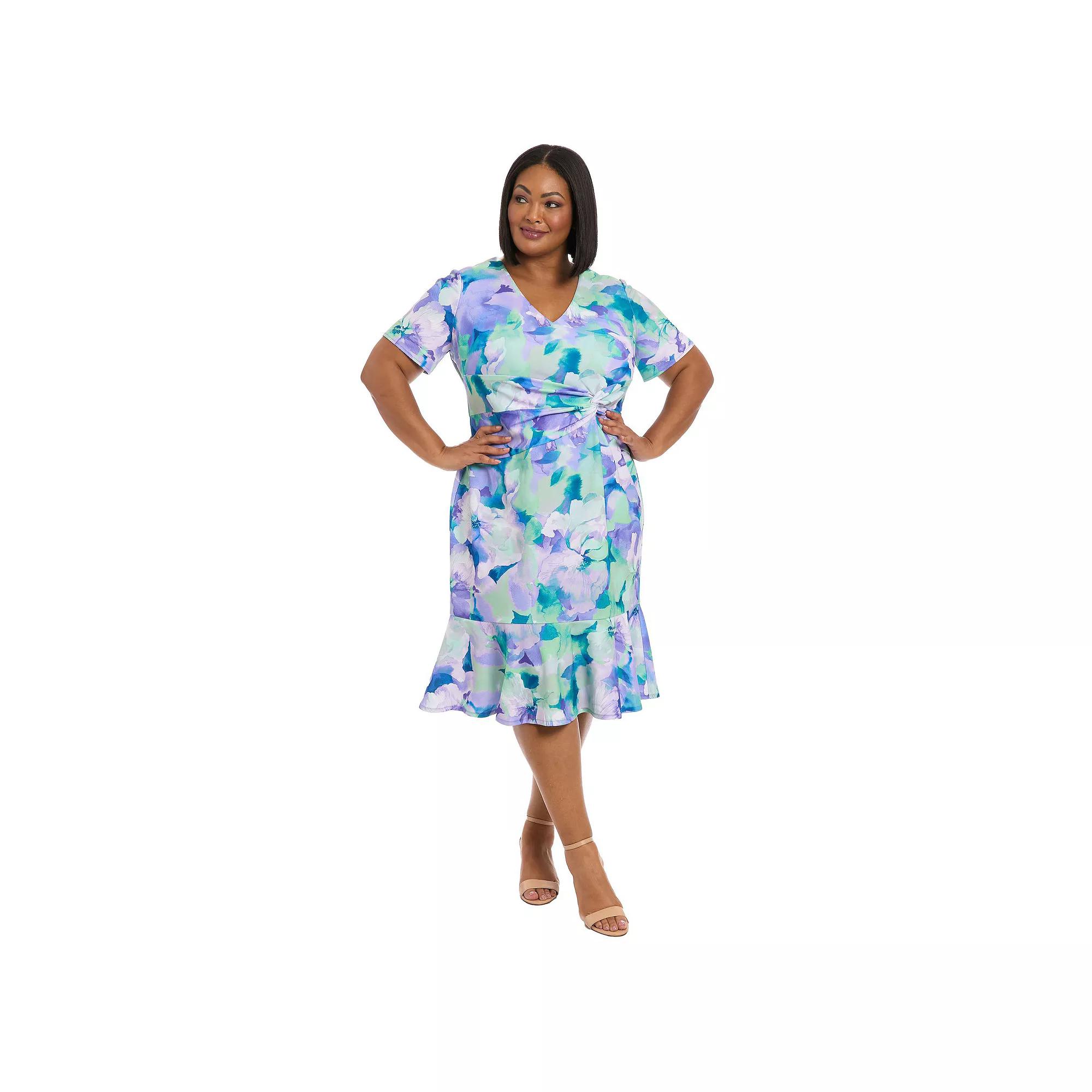 Plus Size London Times V-Neck Twist Flounce Midi Dress, Women's, Size: 18 W, Blue Team Product Image