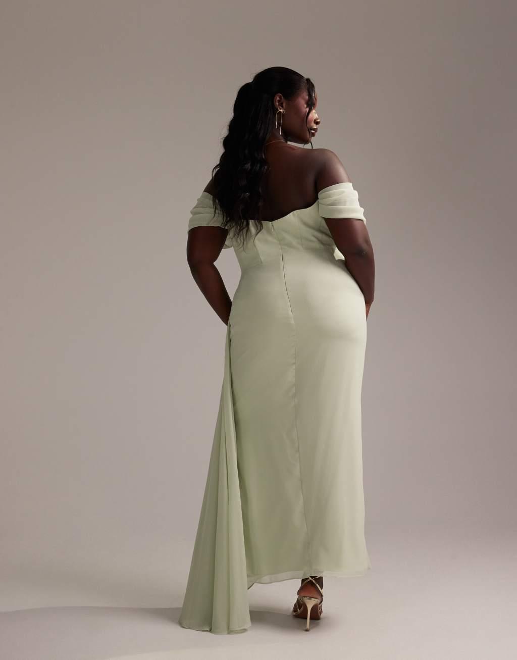 ASOS DESIGN Curve Bridesmaids draped off the shoulder midaxi dress in light green Product Image