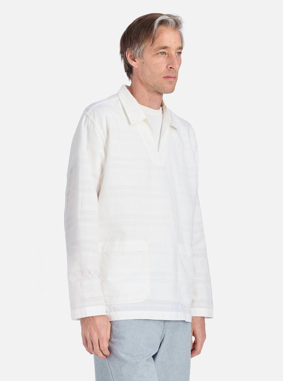 Universal Works Smock Overshirt in Ecru Deffe Self Stripe Product Image