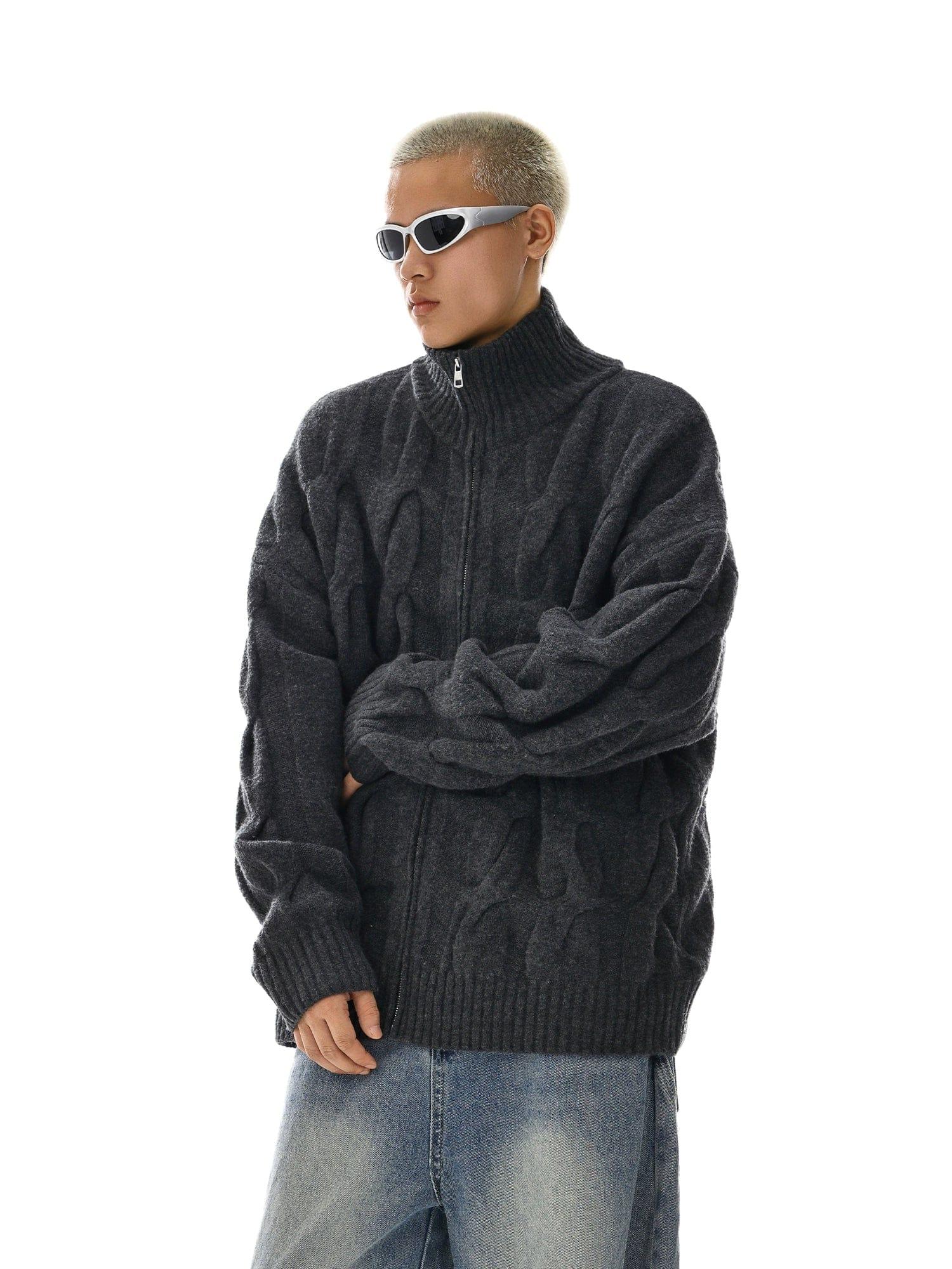 RT No. 12120 BLACK TWIST KNIT ZIP-UP SWEATER Product Image