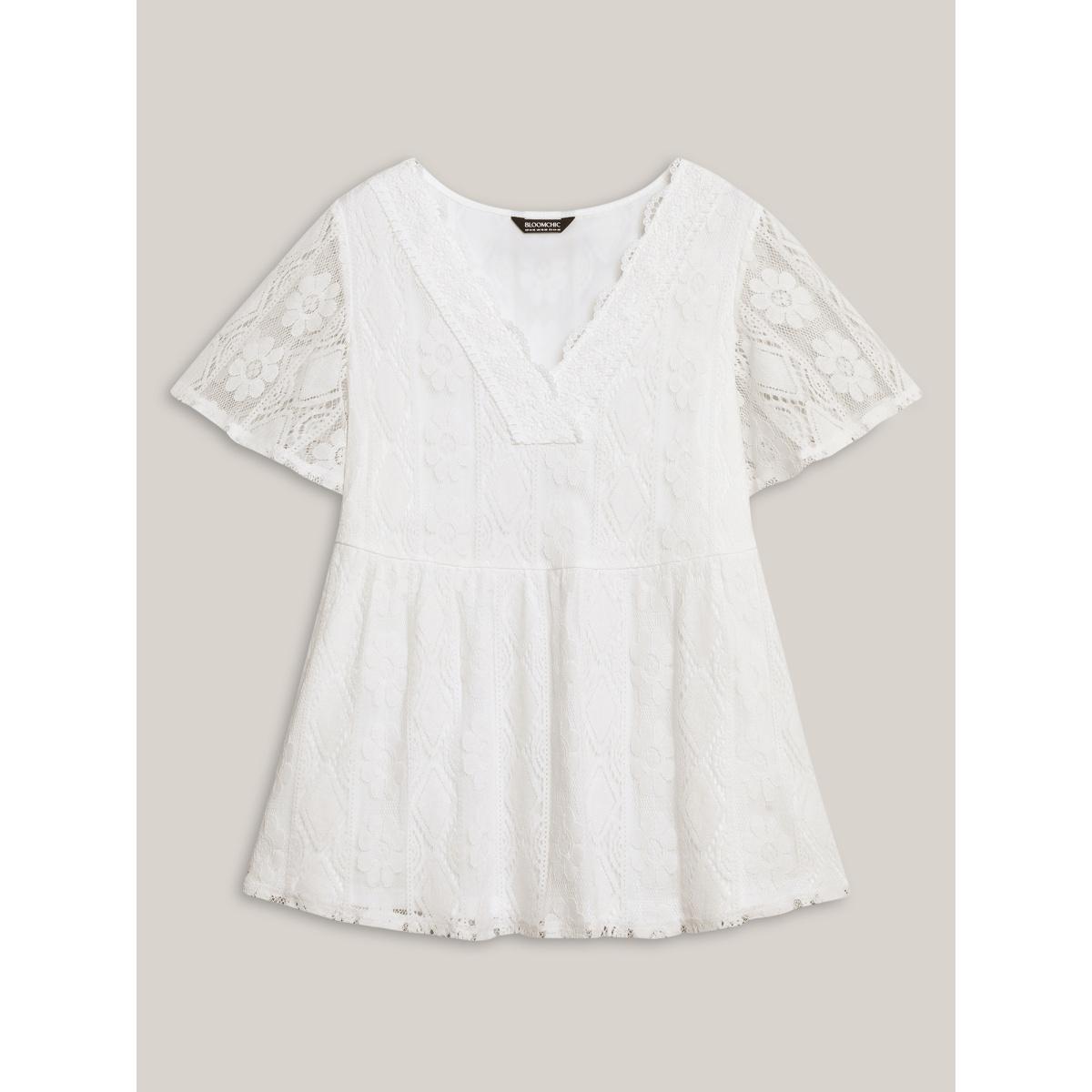 Plus Size V Neck Lace Mesh Plain T-Shirt Originalwhite Women Woven ribbon&lace trim V-neck Bodycon Everyday-Elegant T-shirts BloomChic 14-16/1X Product Image