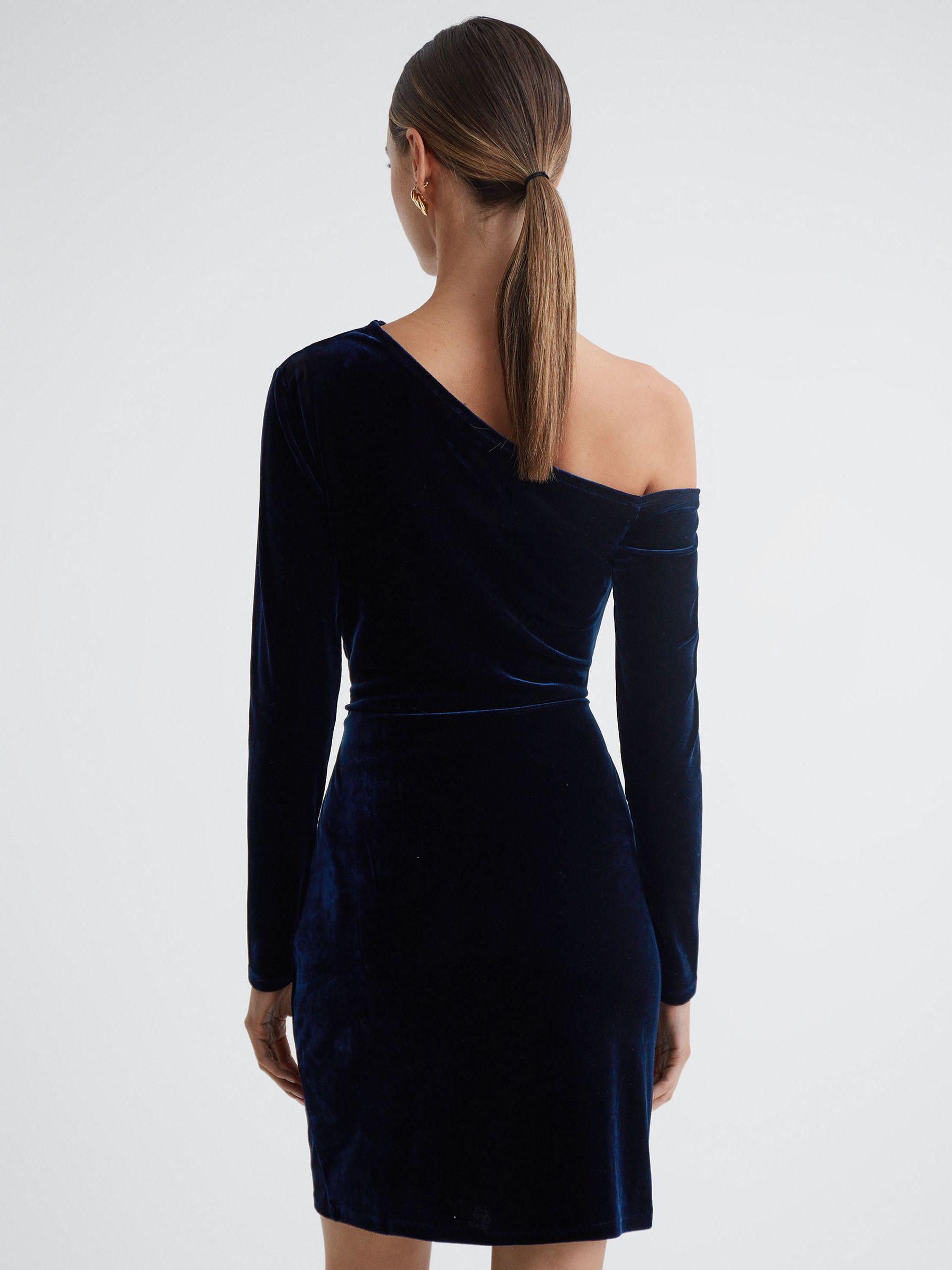 Velvet Off-The-Shoulder Mini Dress in Navy Product Image