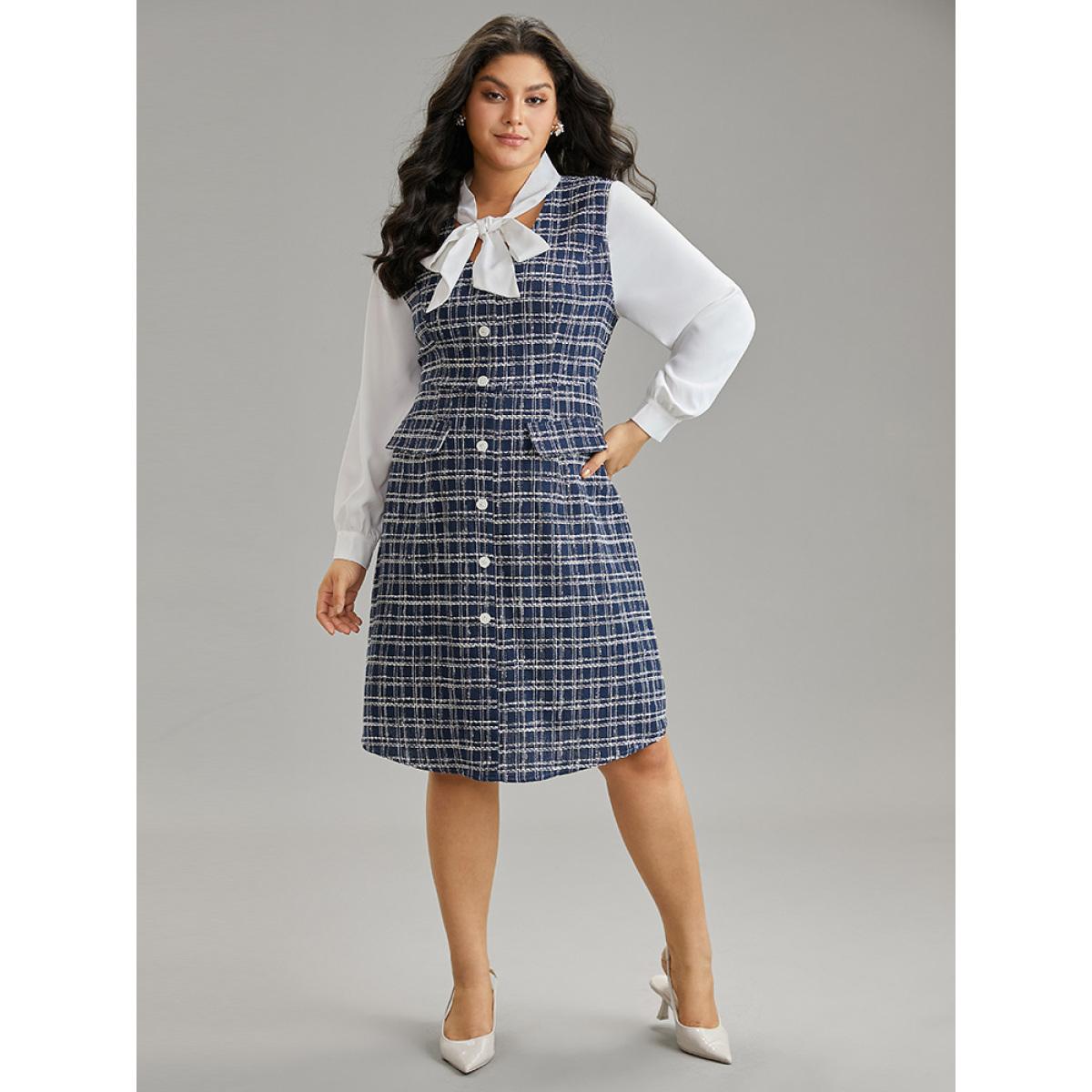 Plus Size Plaid Patchwork Pocket Button Detail Ties Dress DarkBlue Women Elegant Cross straps Tie Neck Long Sleeve Curvy Midi Dress BloomChic 22-24/3X Product Image