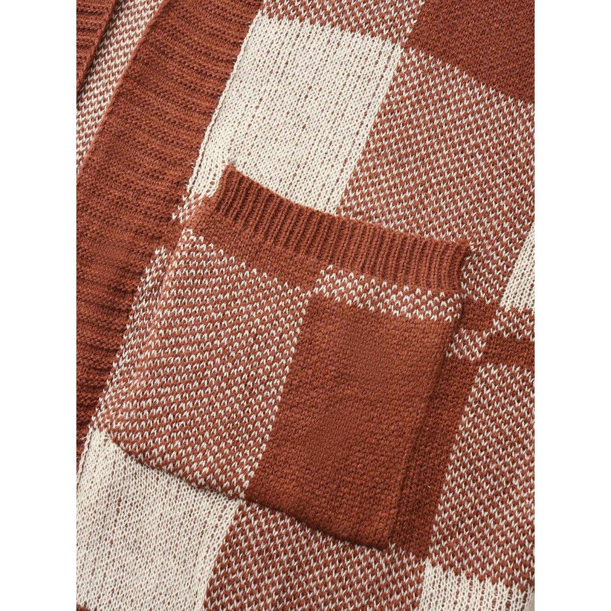 Plus Size Contrast Colorblock Pocket Open Front Cardigan Brown Women Casual Loose Long Sleeve Dailywear Cardigans BloomChic 28/5X Product Image