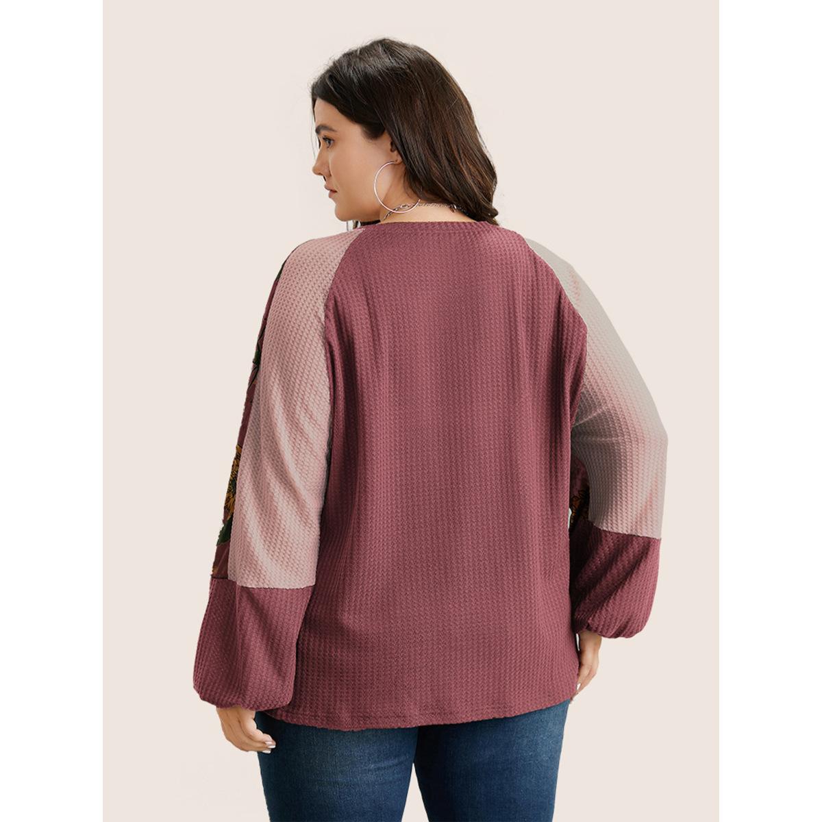 Plus Size Waffle Knit Patchwork Floral Print T-shirt DustyPink Women Casual Velvet Floral Round Neck Everyday T-shirts BloomChic 10/M Product Image