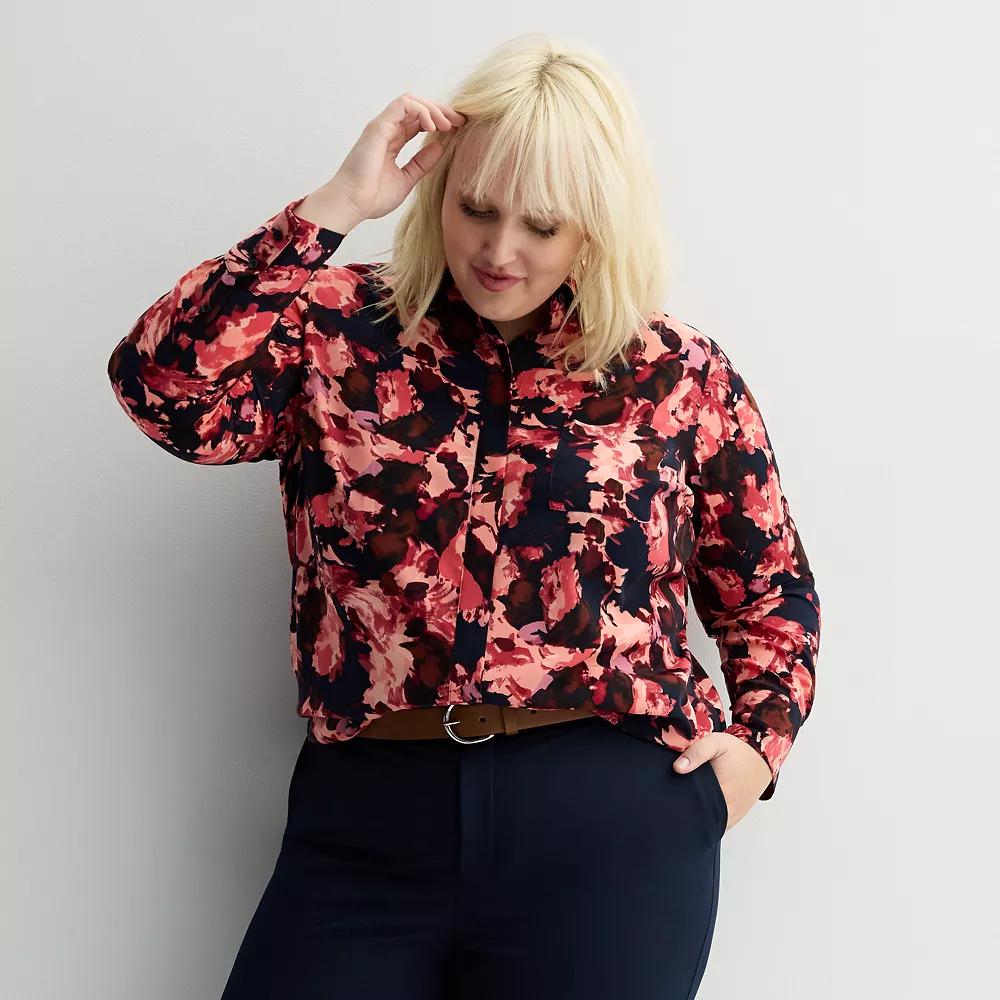 Plus Size Nine West Drapey Button Down Shirt, Women's, Size: 1XL, Pink Abstract Flora Product Image