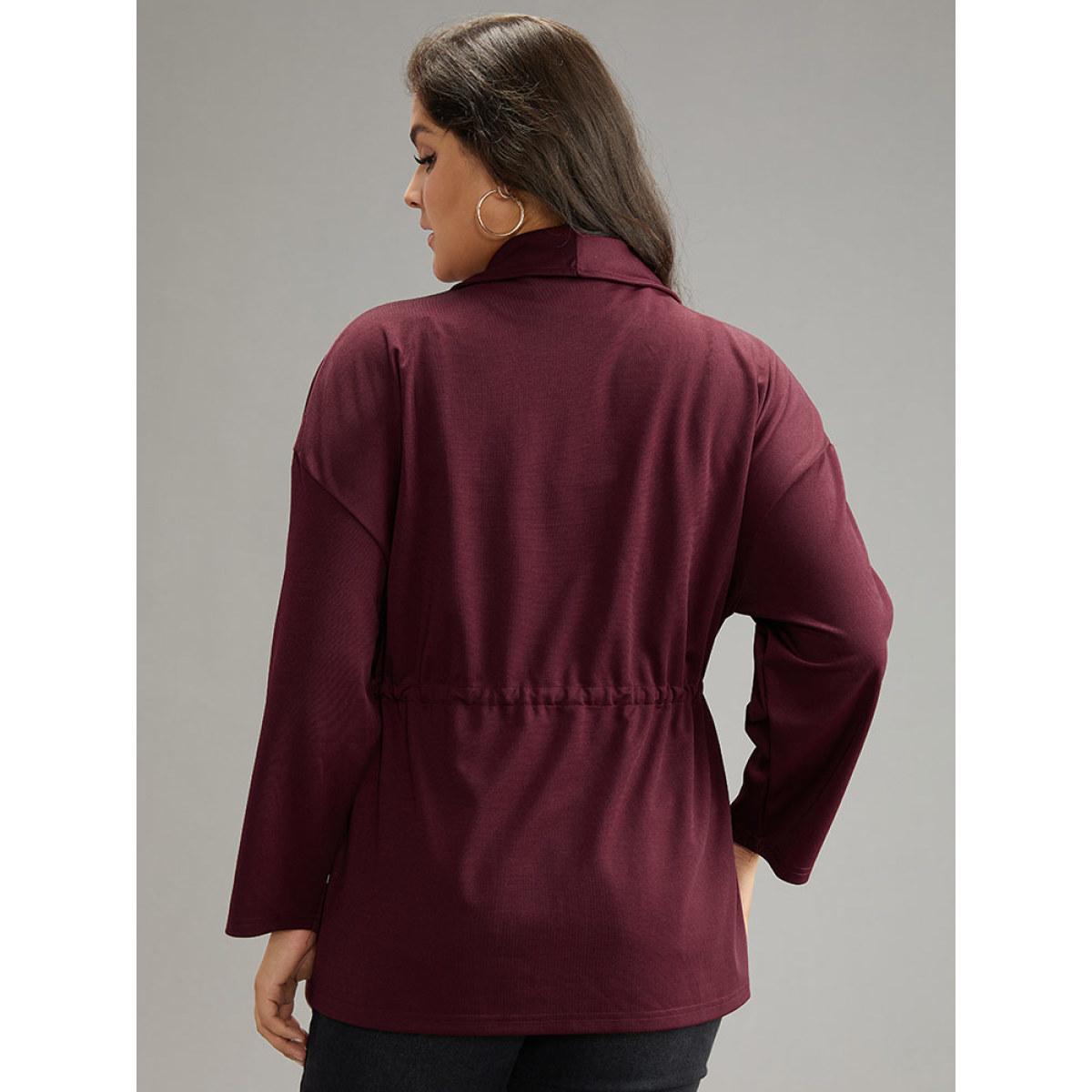 Plus Size Supersoft Essentials Lapel Collar Drawstring Pocket Jacket Women Burgundy Plain Pocket Everyday Jackets BloomChic 28/5X Product Image