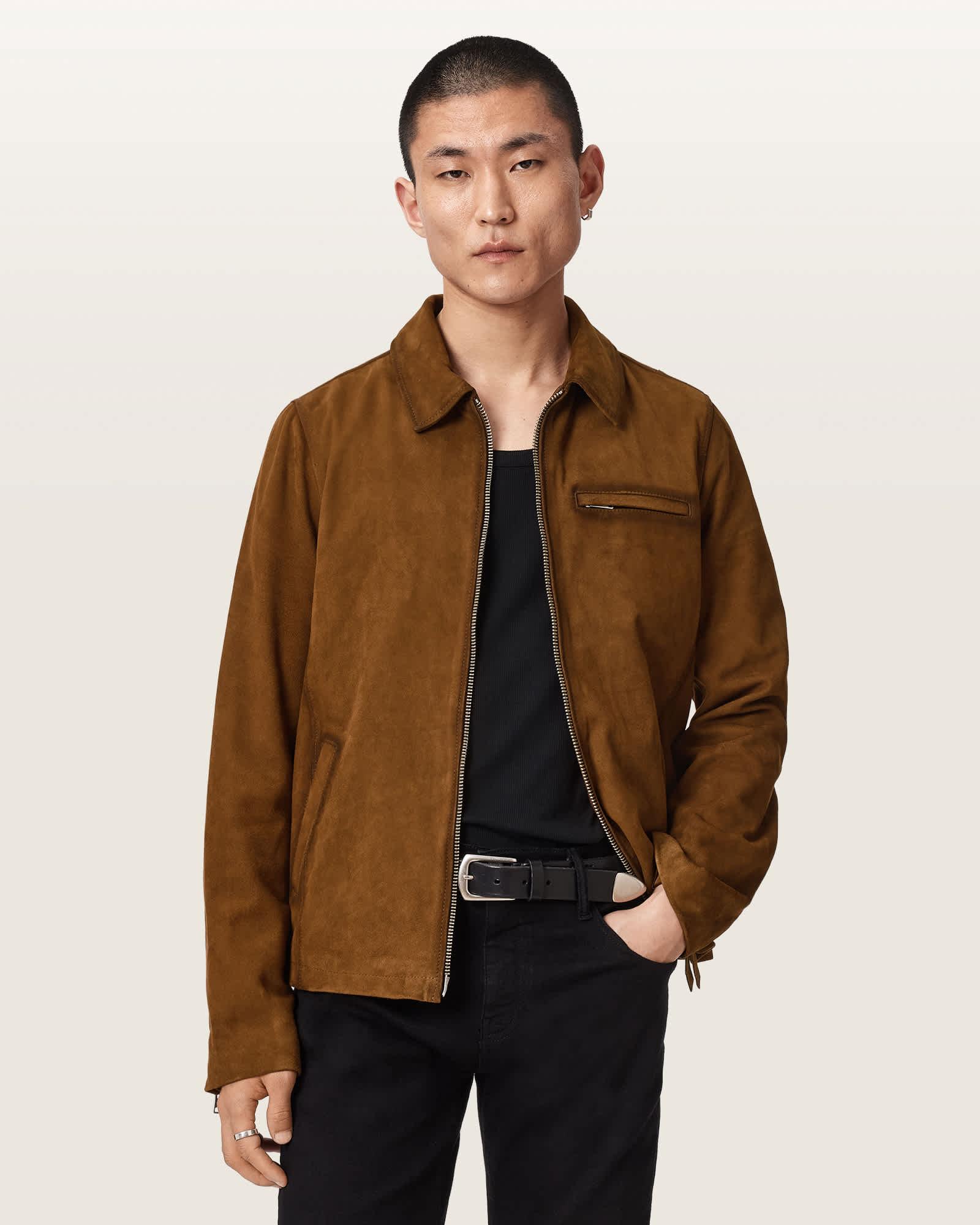 Ashwood Long Sleeve Suede Jacket Tan Brown | ALLSAINTS US Product Image