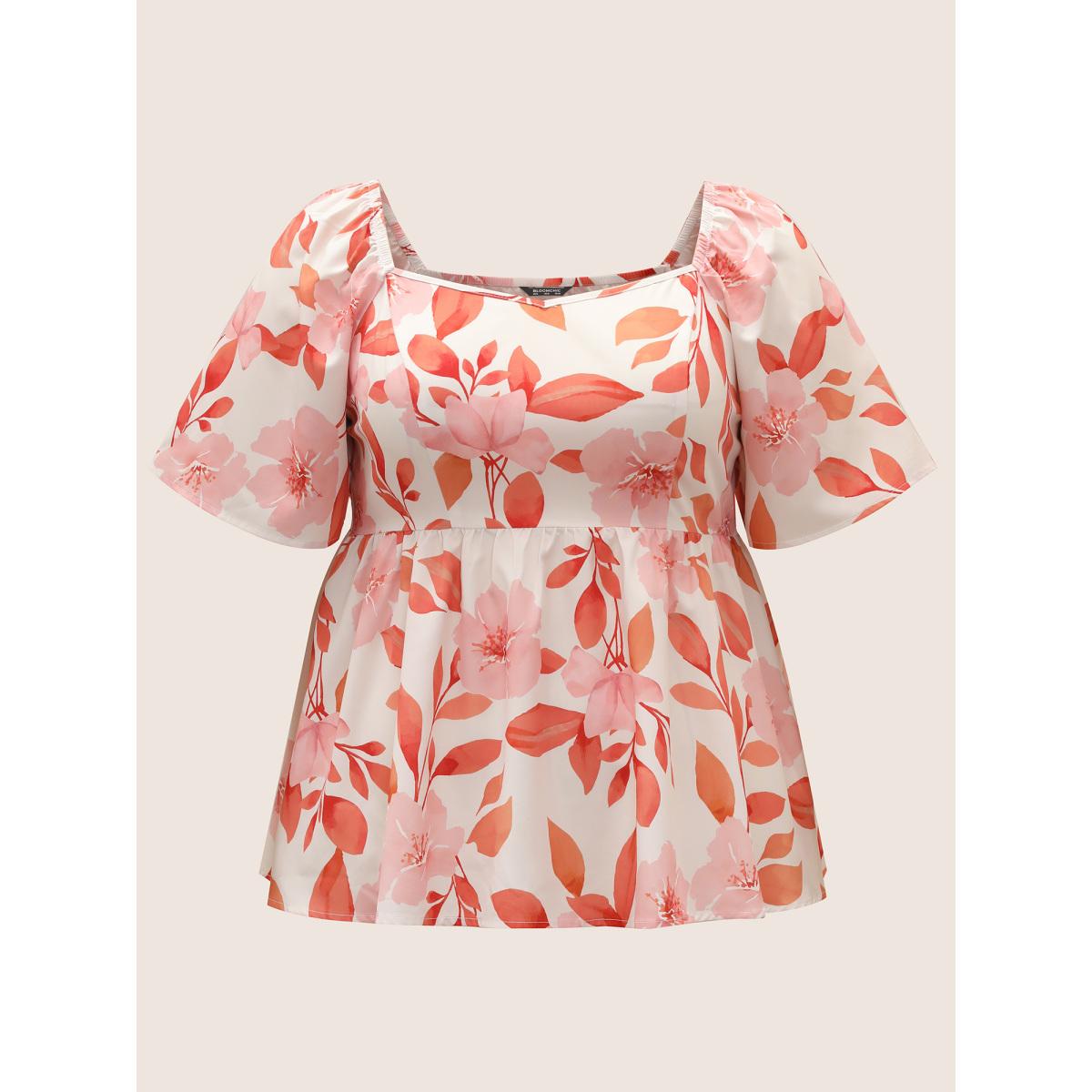 Plus Size Apricot Floral Ruffle Sleeve Elastic Waist Blouse Women Resort Short sleeve Square Neck Vacation Blouses BloomChic 18-20/2X Product Image