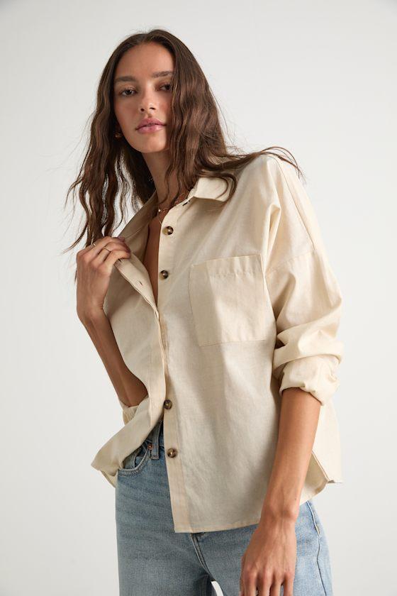 Amelia Dawn Beige Long Sleeve Button-Up Top Product Image