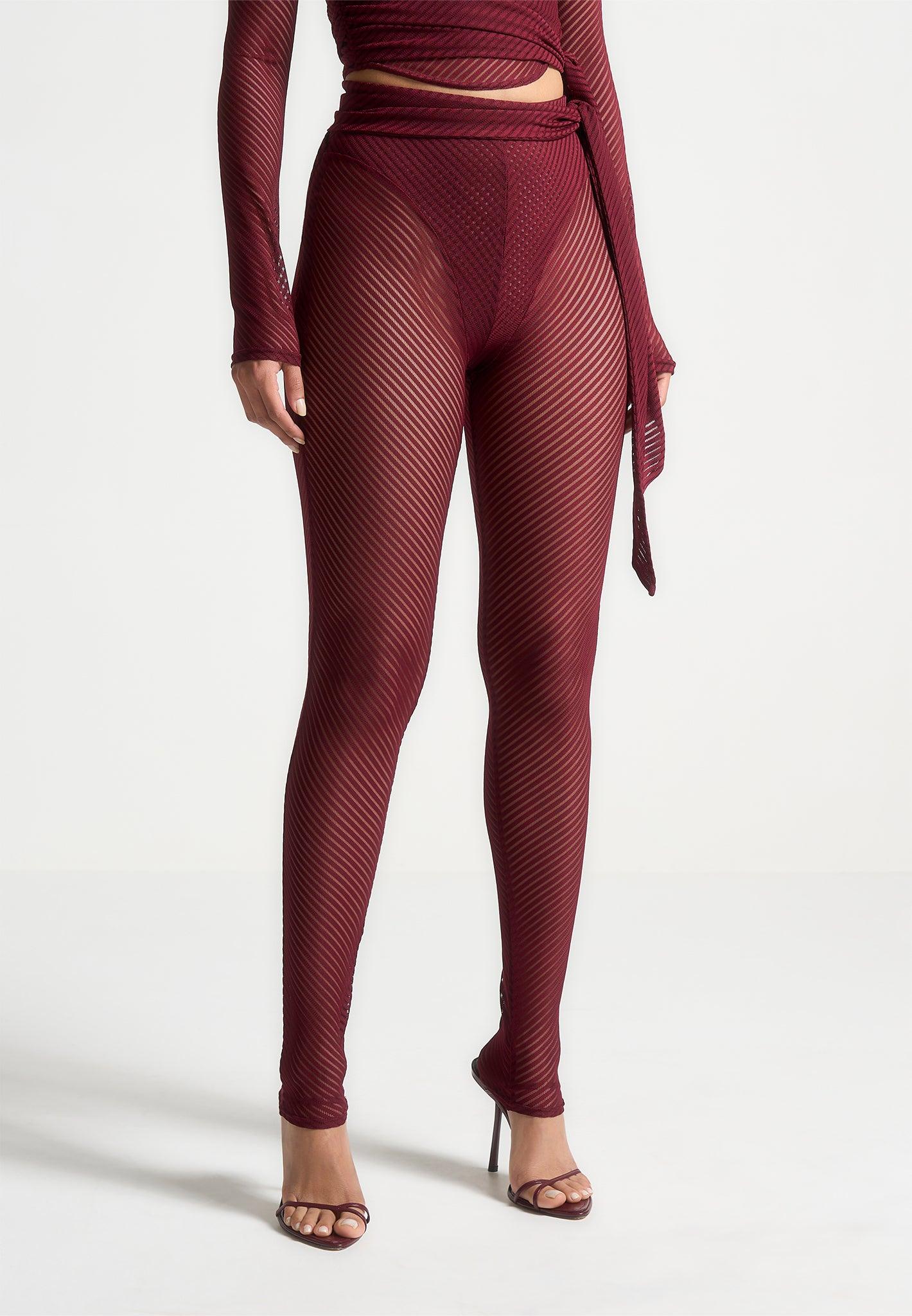 Ribbed Sheer Leggings with Tie - Wine Red Female Product Image