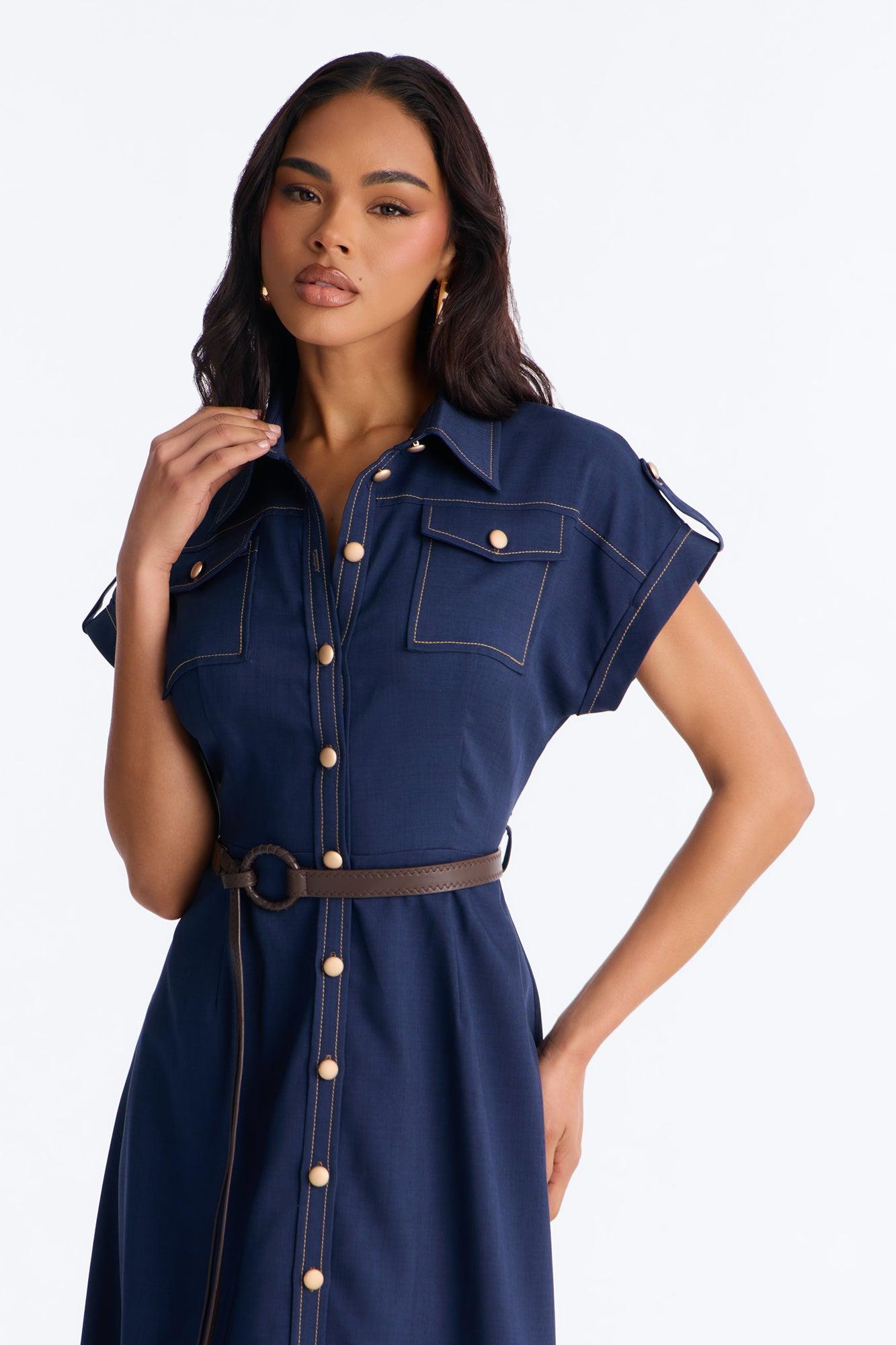 Malissa Belted Midi Dress - Navy Female Product Image
