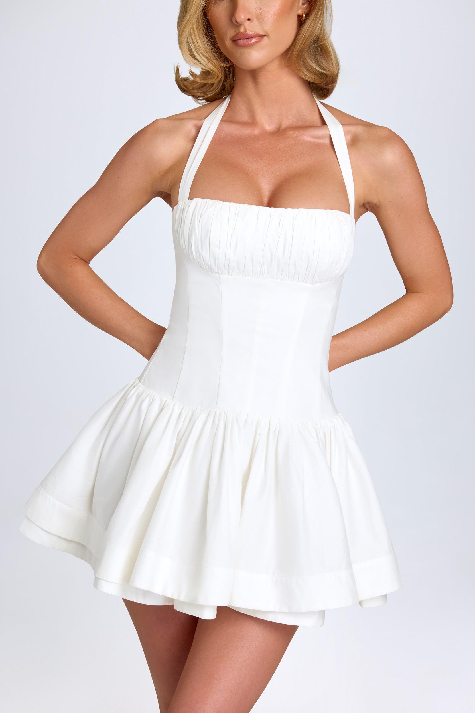 Ruched Halterneck Mini Dress in White Product Image