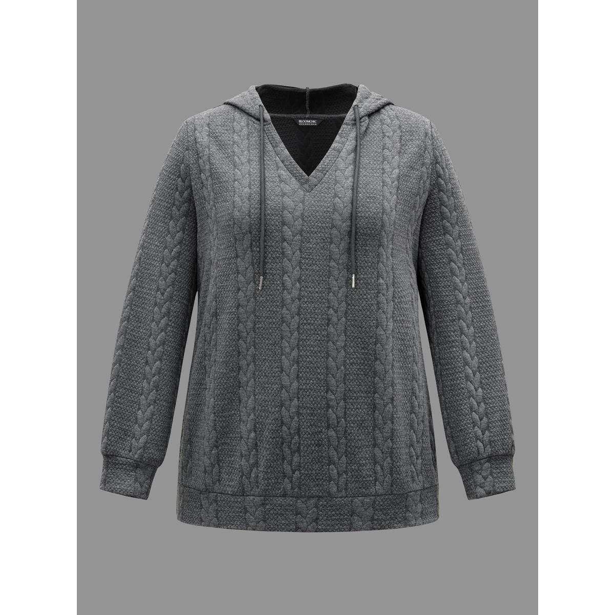 Plus Size Cable Knit V-Neck Ribbed Hem Hoodie Women DimGray Casual Texture Hooded Everyday Sweatshirts BloomChic 14-16/1X Product Image