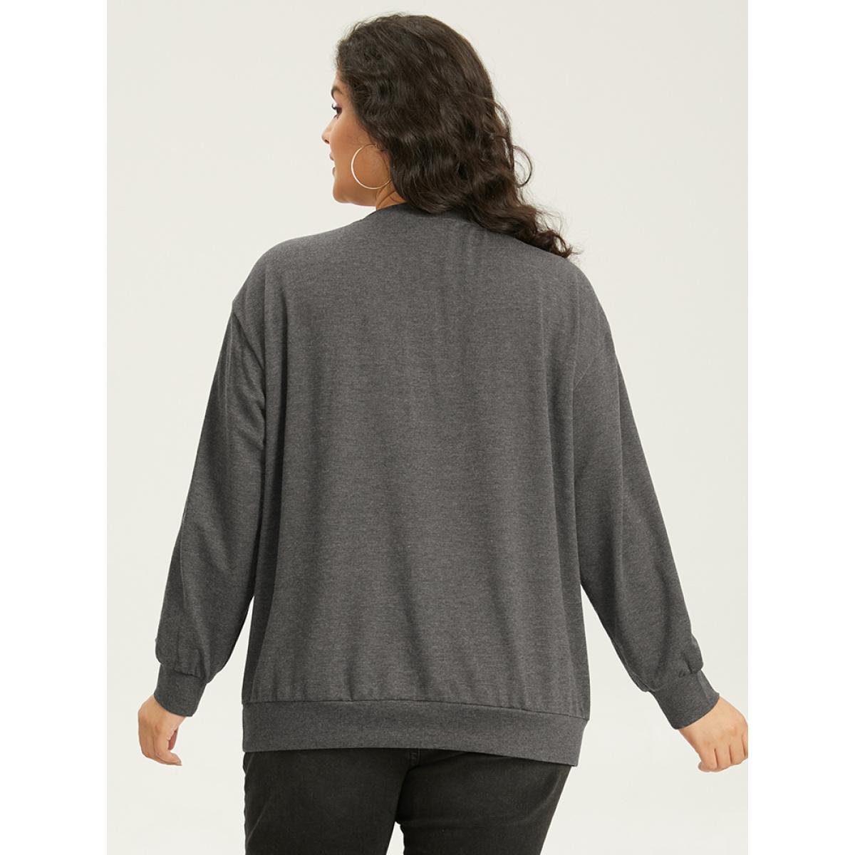Plus Size Solid Button Through Elastic Cuffs Sweatshirt Women DimGray Casual Plain Open Front Dailywear Sweatshirts BloomChic 12/L Product Image