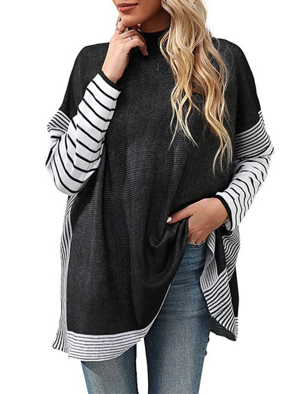 Long Sleeves Loose Contrast Color Striped Mock Neck Pullovers Sweater Tops Product Image
