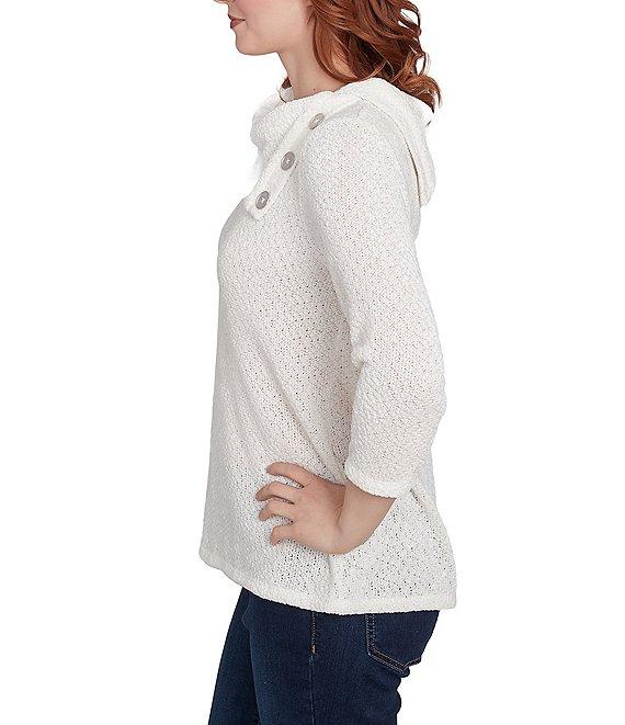 Ruby Rd. Sequin Chenille Knit Cowl Asymmetrical Neck 3/4 Sleeve Sweater Product Image