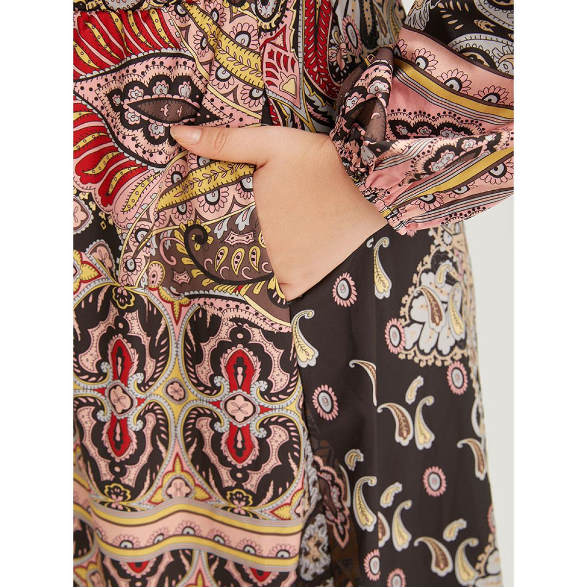 Plus Size Bandana Print Wrap Pocket Lantern Sleeve Dress Multicolor Women Vacation Elastic cuffs V-neck Long Sleeve Curvy Midi Dress BloomChic 12/L Product Image