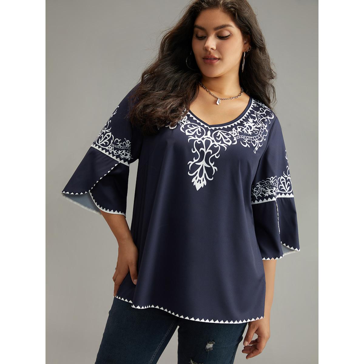 Plus Size Indigo Boho Print V Neck Petal Sleeve Blouse Women Vacation Elbow-length sleeve V-neck Dailywear Blouses BloomChic 30/6X Product Image