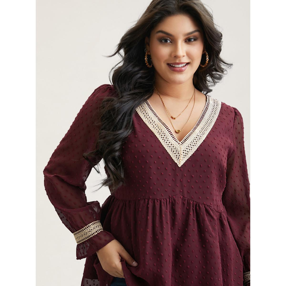 Plus Size Burgundy Contrast Webbing Cut-Out Stretchy-Waist Blouse Women Elegant Extra Long Sleeve V-neck Everyday Blouses BloomChic 18-20/2X Product Image