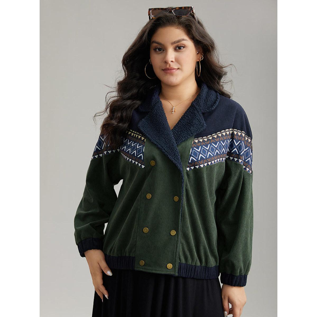 Plus Size Lapel Collar Geometric Patchwork Jacket Women ArmyGreen Elastic cuffs Dailywear Jackets BloomChic 12/L Product Image