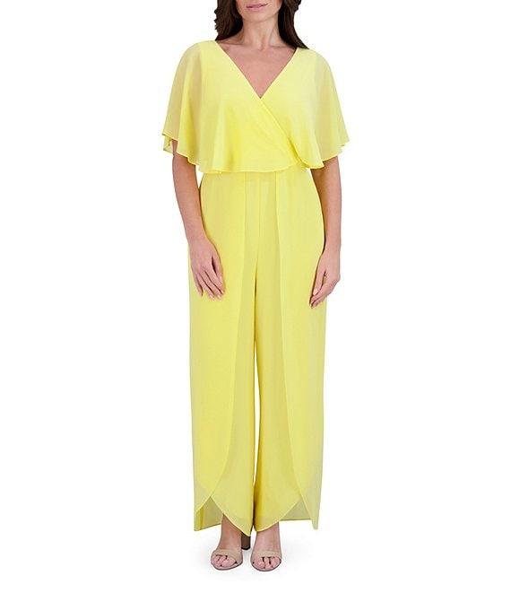 Kensie Chiffon Surplice V-Neck Short Flutter Sleeve Ruffle Overlay Wide Leg Jumpsuit Product Image