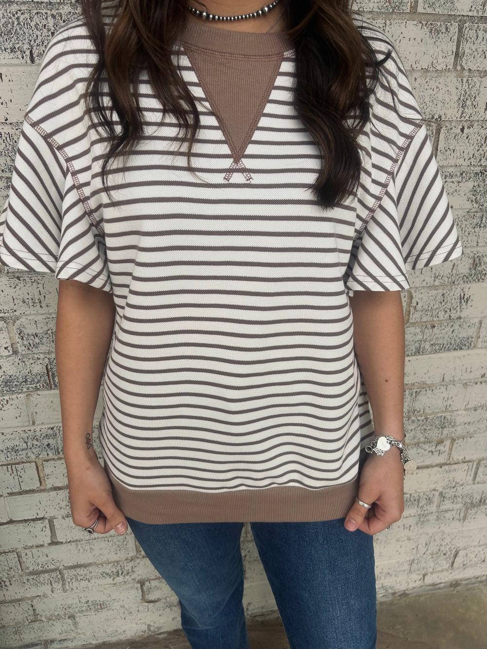 Parchment Contrast Striped Ruffle Short Sleeve Top Product Image