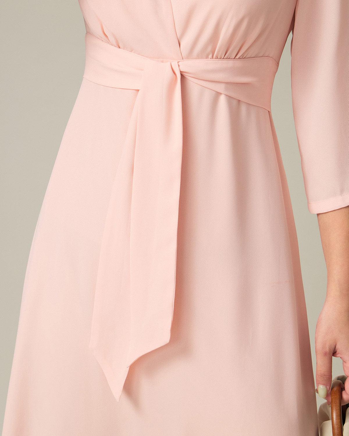 Pink V-Neck Pleated Midi Dress Product Image