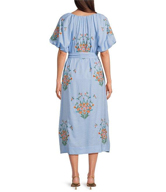 J.Marie Astrid V-Neck Puff Sleeve Embroidered Tie Midi A-Line Dress Product Image