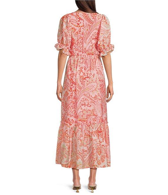 Calessa Paisley V-Neck Elbow Bishop Sleeve Tiered Dress Product Image