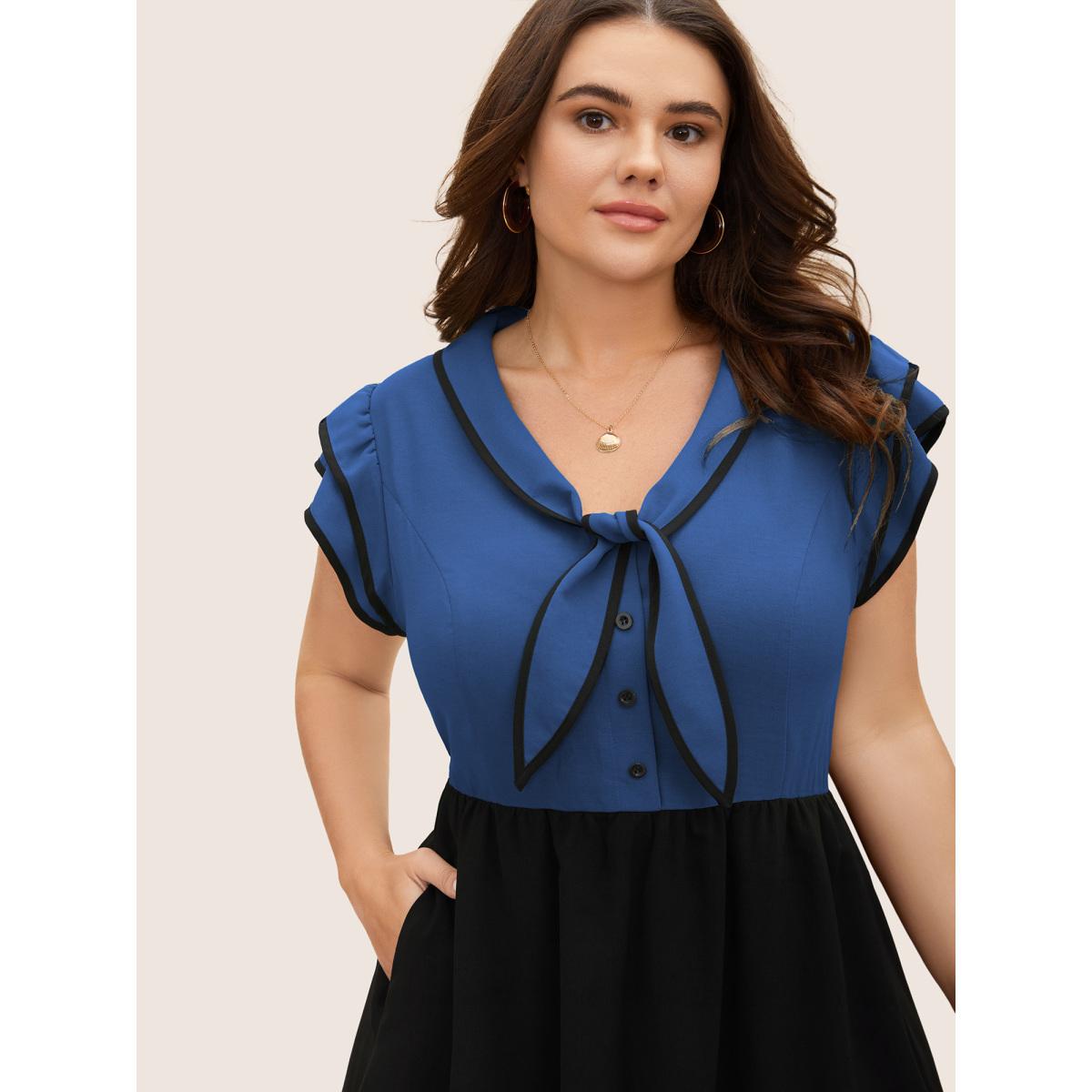 Plus Size Two-colored Knot Tie Midi Dress Mediumblue Women Elegant Tie knot V-neck Cap Sleeve Curvy BloomChic 12/L Product Image