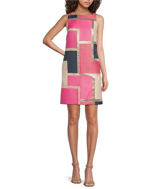 Trina Turk Creosote Color Block Jacquard Square Neck Sleeveless Shift Dress Product Image