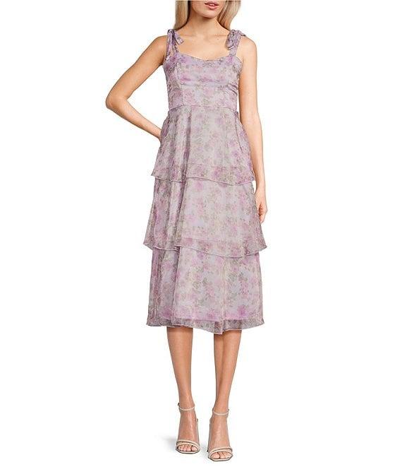 Allison & Kelly Floral Print Tie Shoulder Tiered Dress Product Image