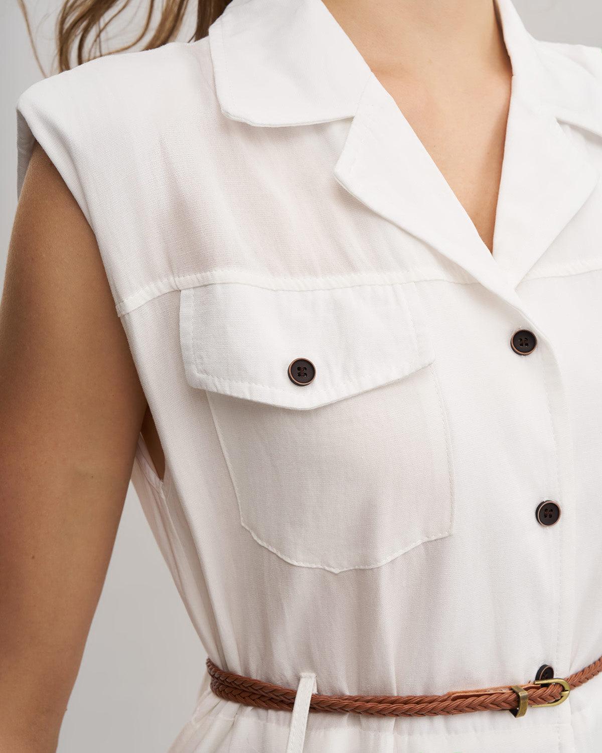 White Sleeveless Belted Midi Dress Product Image