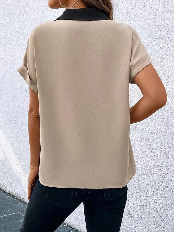 Loose Short Sleeves Contrast Color V-Neck T-Shirts Tops Product Image