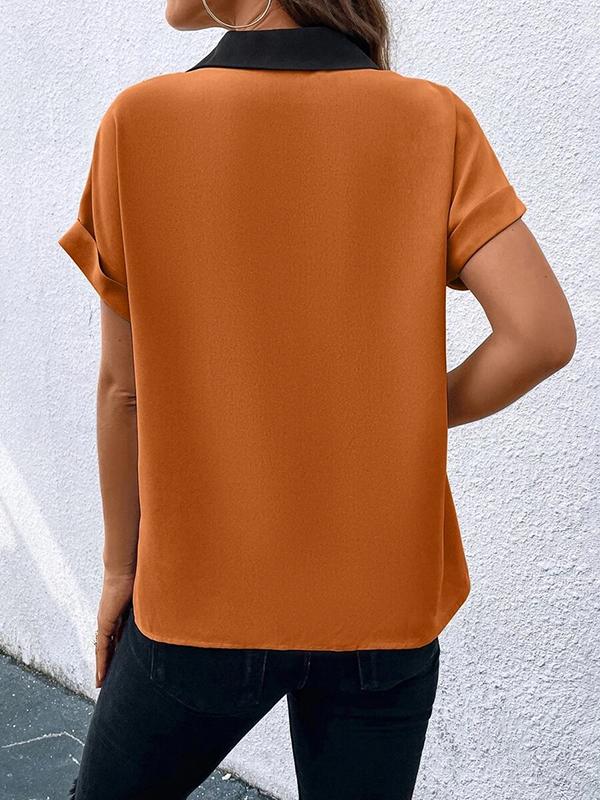 Loose Short Sleeves Contrast Color V-Neck T-Shirts Tops Product Image