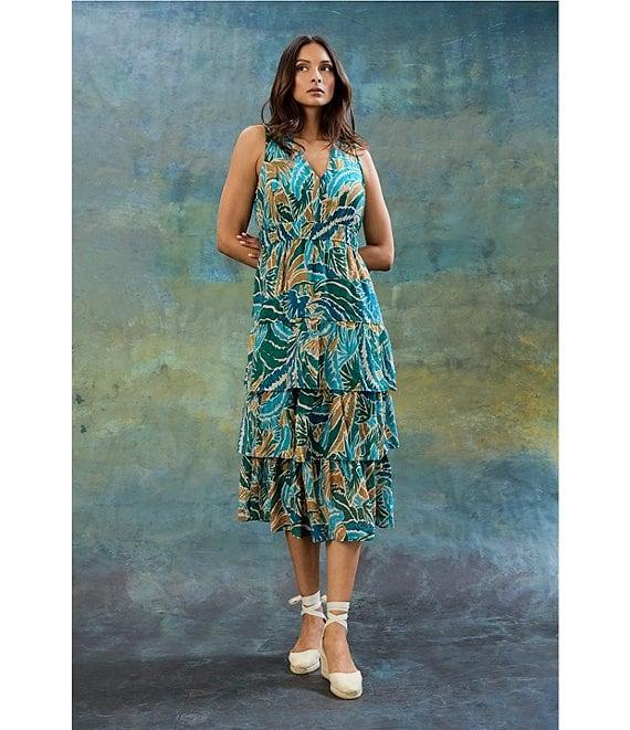 The Good Journey V-Neck Sleeveless Abstract Tropical Print Voile Tiered Voile A-Line Midi Dress Product Image