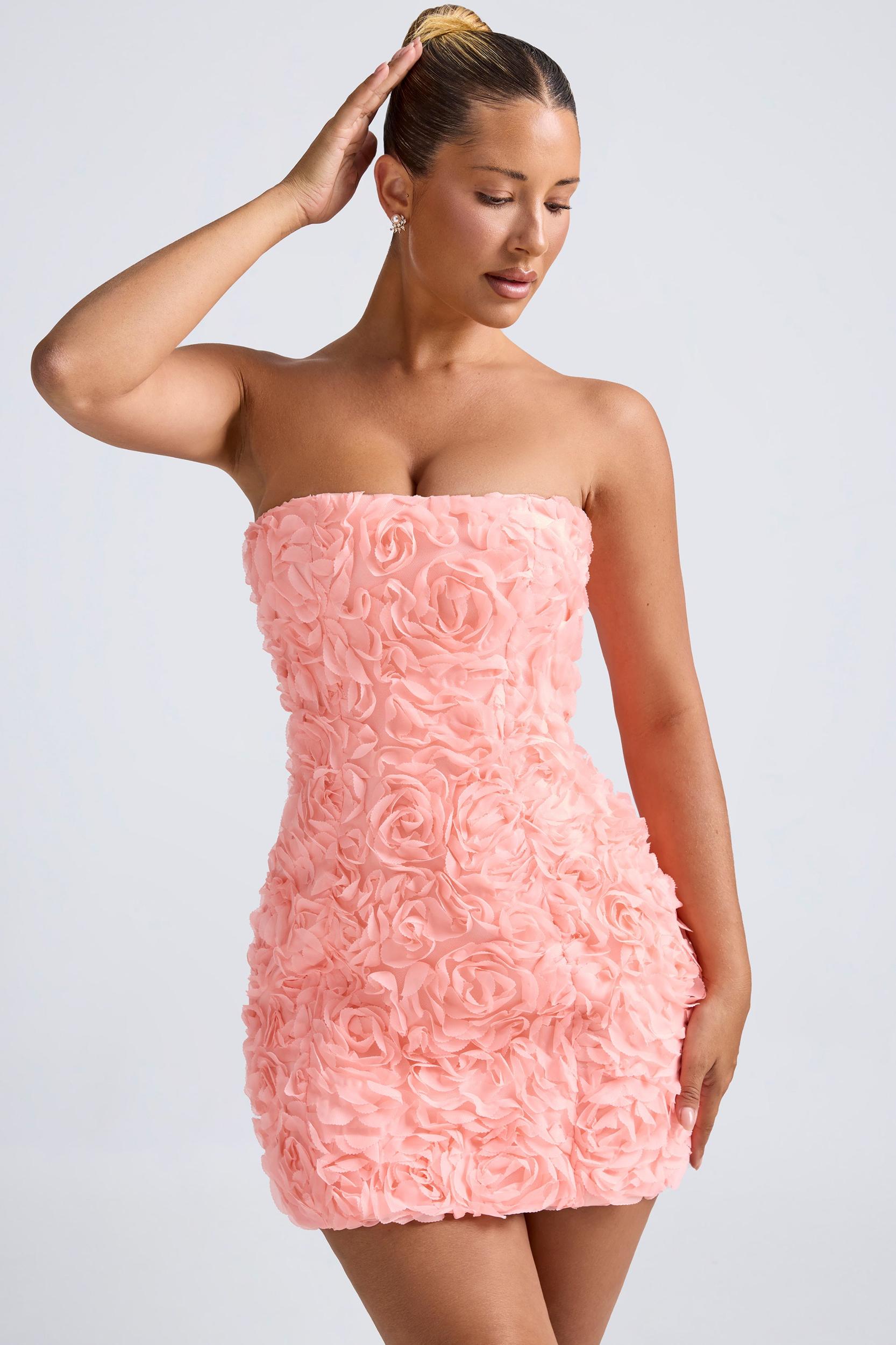Floral-Appliqué Bandeau A-Line Mini Dress in Coral Product Image