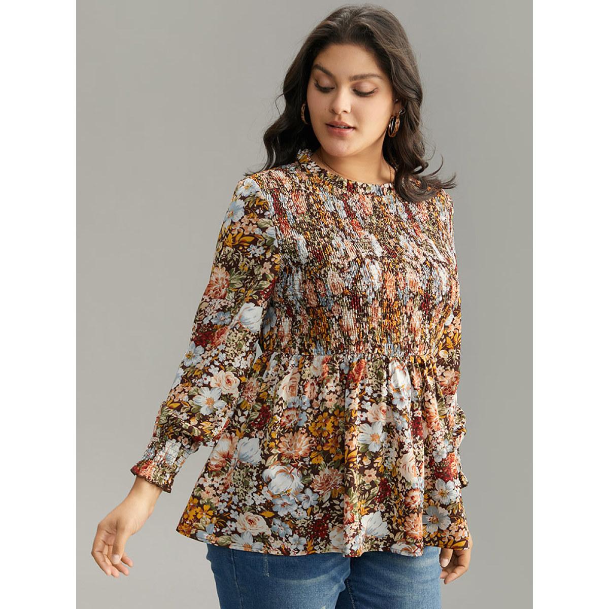 Plus Size DarkBrown Floral Shirred Frill Trim Stand Collar Blouse Women Elegant Long Sleeve Stand-up collar Dailywear Blouses BloomChic 30/6X Product Image