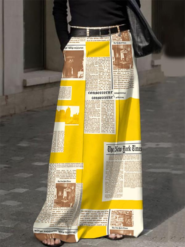 High Waisted Loose Newspaper Print Pockets Skirts Bottoms Product Image