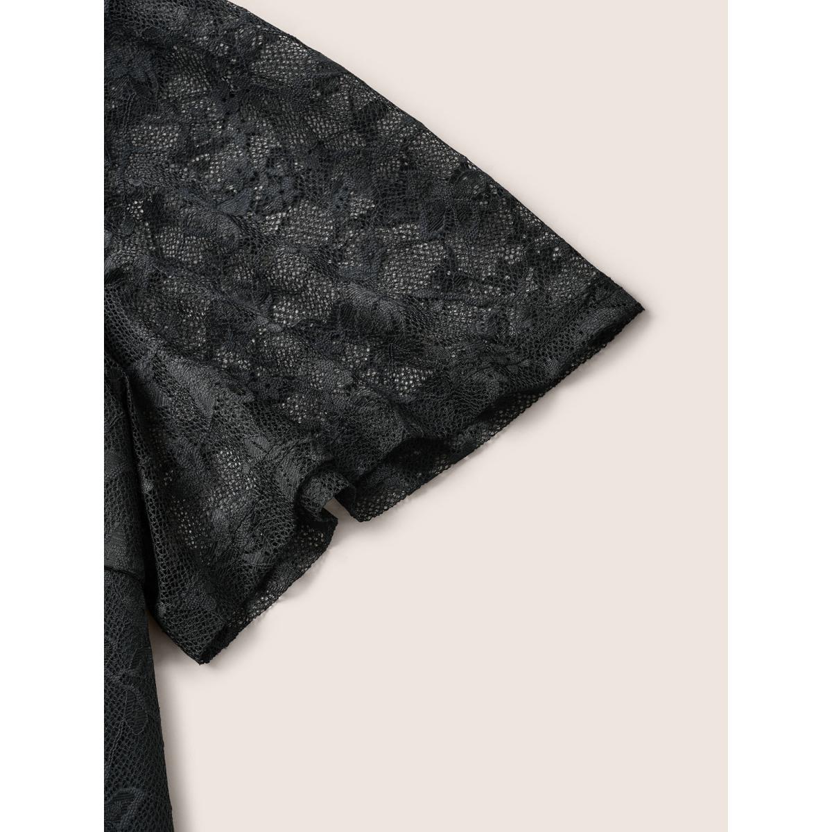 Plus Size Black Overlap Collar Mesh Patchwork Lace Insert Blouse Women Cocktail Short sleeve Overlap Collar Party Blouses BloomChic 14-16/1X Product Image