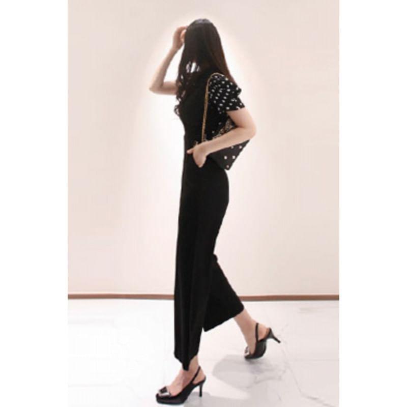 Set: Short-Sleeve Collared Dotted Button Up Blouse + V-Neck Plain Straight Leg Jumpsuit Product Image