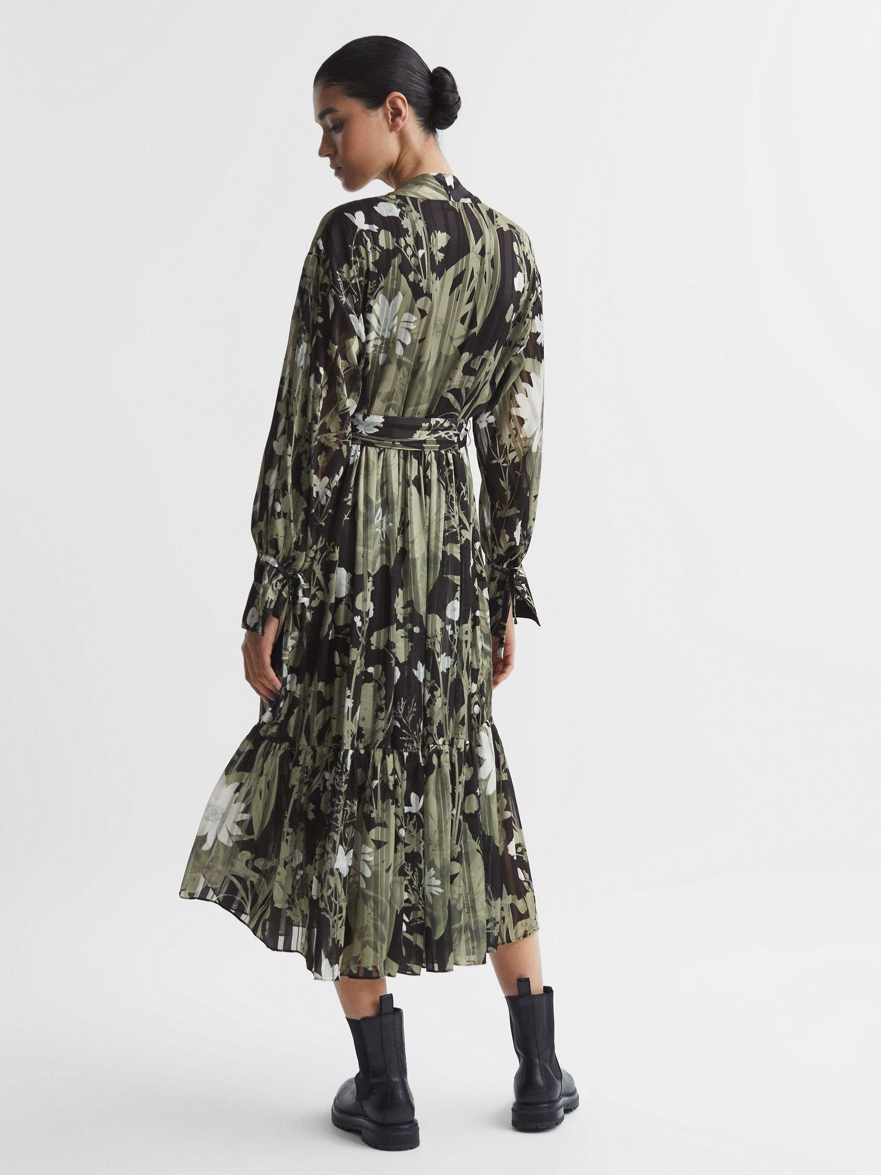 Floral Print Tie Neck Midi Dress in Green Product Image